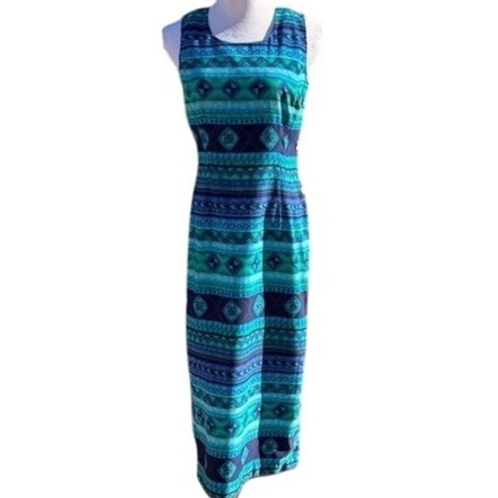 Miss Dorby Vintage 90s Southwestern Geometric Print Sleeveless Midi Sheath Dress